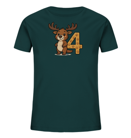 Onlineshop Shirts fuer Kinder - Das Bild zeigt ein dunkelgruenes Kinder-T-Shirt mit einem niedlichen Rentier-Motiv auf der Vorderseite. Das Rentier im Cartoon-Stil steht laechelnd neben der grossen Zahl 4. Die Zahl 4 ist mit einem Muster aus kleinen Pfotenabdruecken gestaltet. Dieses Design ist verspielt und ansprechend fuer Kinder.