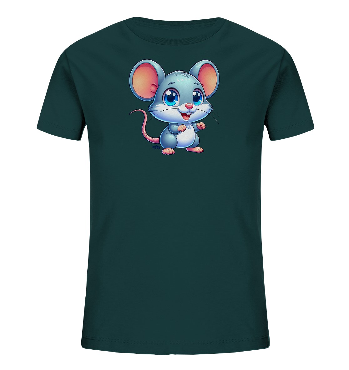 Onlineshop Shirts fuer Kinder - Das Bild zeigt ein dunkelgruenes Kinder-T-Shirt. Auf der Vorderseite ist eine niedliche, cartoonartige Maus abgebildet. Die Maus hat grosse Ohren, grosse blaue Augen und ein freundliches Laecheln. Sie steht aufrecht und blickt nach vorne.