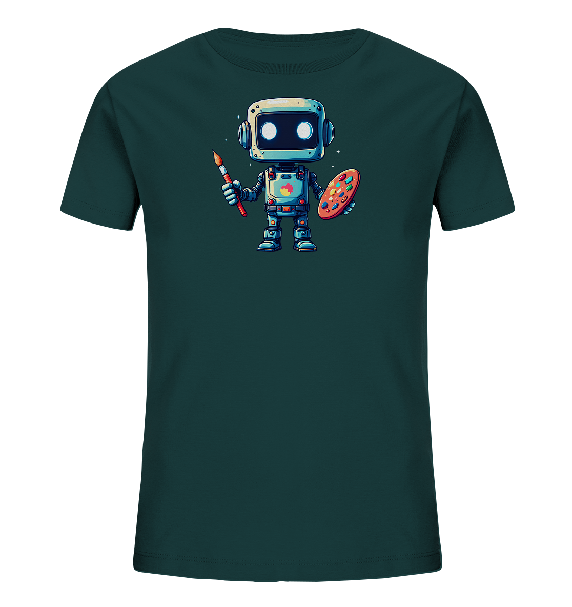 Onlineshop Shirts für Kinder - Das Bild zeigt ein dunkelblaugrünes (Petrol) T-Shirt für Kinder. Auf der Vorderseite ist eine farbenfrohe Illustration eines freundlichen Cartoon-Roboters zu sehen. Der kleine Roboter hält in einer Hand einen Pinsel und in der anderen eine Malpalette mit bunten Farbtupfern. Sein quadratischer Kopf mit den großen leuchtenden Augen und die detailreiche Darstellung vermitteln einen künstlerischen und verspielten Charakter.