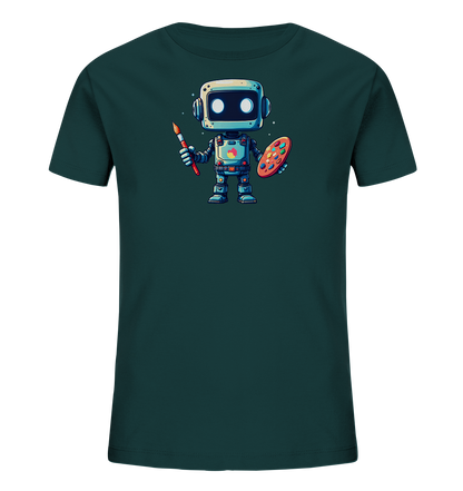Onlineshop Shirts für Kinder - Das Bild zeigt ein dunkelblaugrünes (Petrol) T-Shirt für Kinder. Auf der Vorderseite ist eine farbenfrohe Illustration eines freundlichen Cartoon-Roboters zu sehen. Der kleine Roboter hält in einer Hand einen Pinsel und in der anderen eine Malpalette mit bunten Farbtupfern. Sein quadratischer Kopf mit den großen leuchtenden Augen und die detailreiche Darstellung vermitteln einen künstlerischen und verspielten Charakter.
