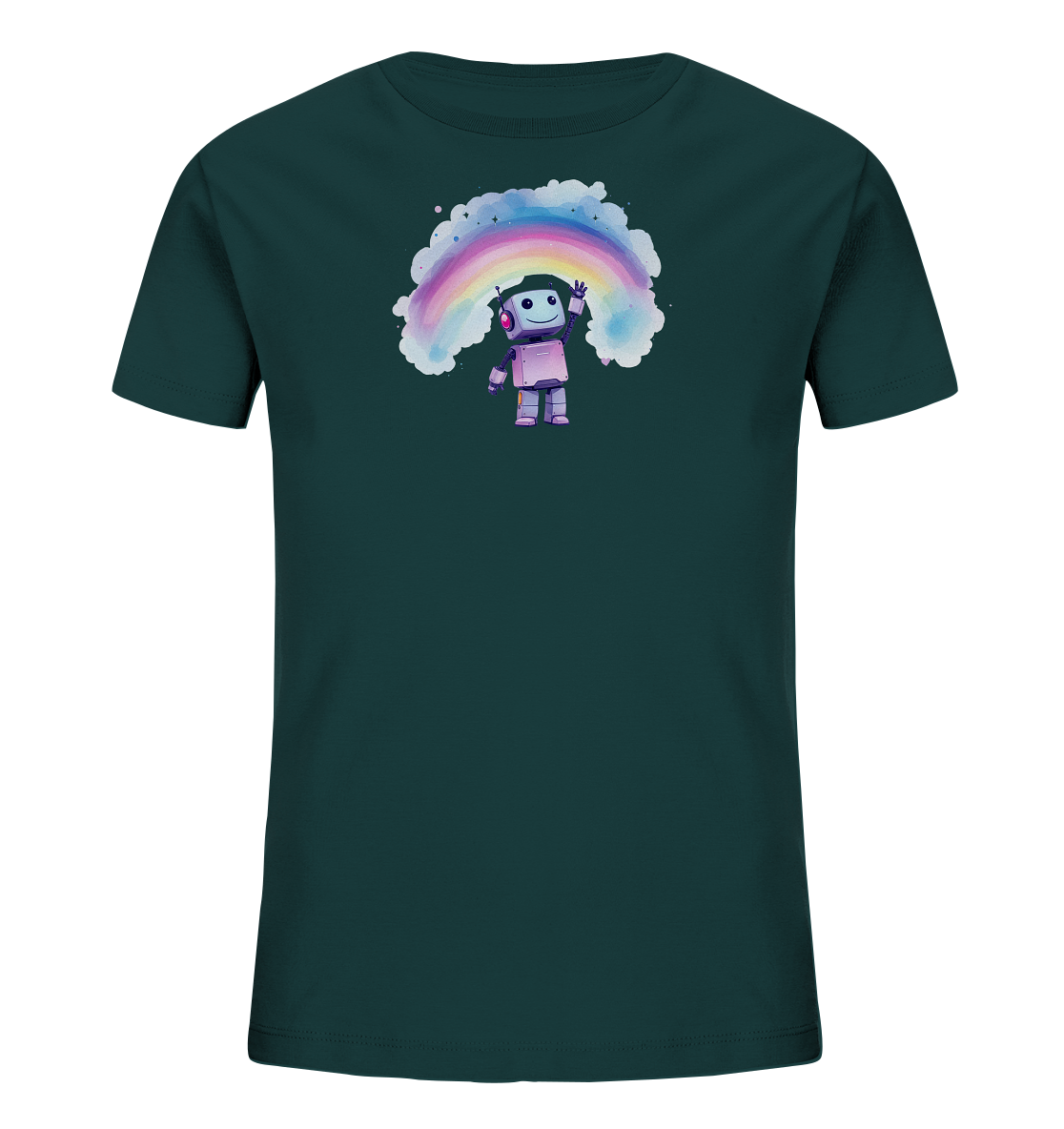 Kinder T-Shirt – Dein fröhlicher Roboter unterm Regenbogen