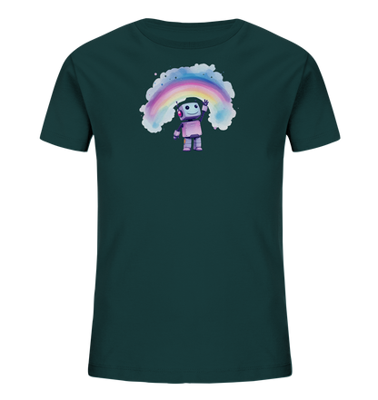 Dunkelgruenes Kinder-T-Shirt mit Roboter, Regenbogen und kleinen Sternen.