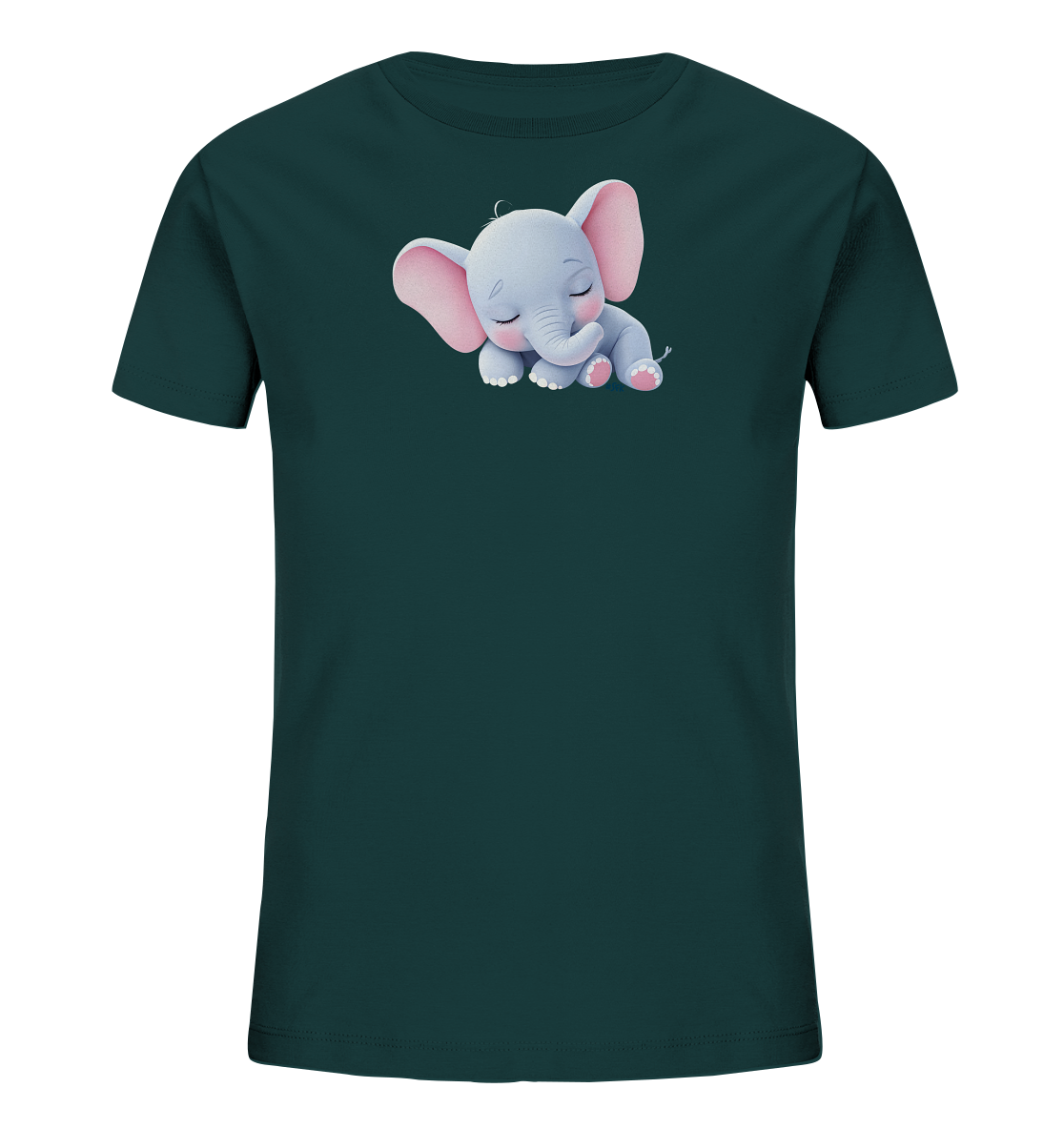 Onlineshop Shirts fuer Kinder - Das Bild zeigt ein dunkelgruenes Kinder-T-Shirt mit einem niedlichen Motiv auf der Vorderseite. Abgebildet ist ein schlafender Baby-Elefant in hellem Grau mit rosa Ohren und Pfoten. Der Elefant liegt friedlich zusammengerollt da, mit geschlossenen Augen und einem ruhigen Gesichtsausdruck. Das Design wirkt sanft und ansprechend.