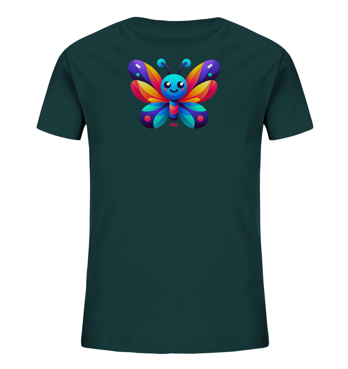 Onlineshop Shirts fuer Kinder - Das Bild zeigt ein dunkelgruenes Kinder-T-Shirt mit einem farbenfrohen Schmetterling-Motiv auf der Vorderseite. Der Schmetterling ist in lebendigen Farben wie Lila, Rot, Orange, Gelb, Blau und Gruen dargestellt. Er hat ein laechelndes Gesicht und runde Fuehler, was dem Design einen froehlichen Ausdruck verleiht. Das Motiv ist mittig platziert und sticht auf dem dunklen Stoff hervor.