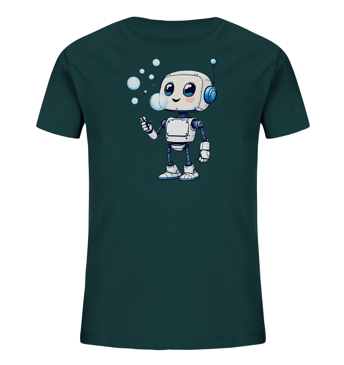Onlineshop Shirts für Kinder - Das Bild zeigt ein dunkelgrünes Kinder-T-Shirt mit einem freundlichen, cartoonhaften Roboter auf der Vorderseite. Der Roboter hat ein weißes Gehäuse, blaue Augen und trägt blaue Kopfhörer. Er steht aufrecht und pustet spielerisch mehrere Seifenblasen, die über ihm schweben. Das Design ist sauber und farblich ansprechend gestaltet, was ihm einen fröhlichen und kindgerechten Charakter verleiht.