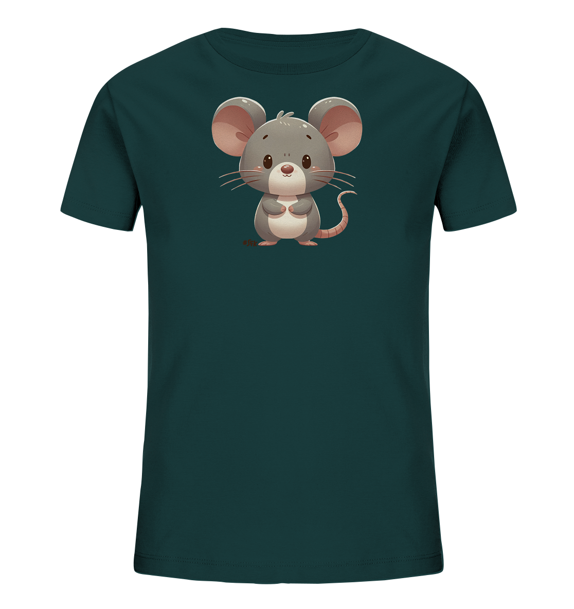 Onlineshop Shirts für Kinder - Das Bild zeigt ein dunkelblaugrünes T-Shirt für Kinder. Auf der Vorderseite des Shirts befindet sich eine niedliche, cartoonartige Illustration einer grauen Maus. Die Maus steht aufrecht mit großen Ohren, kleinen Pfoten und einem freundlichen Gesichtsausdruck. Dieses schlichte, aber ansprechende Design ist gut sichtbar auf dem dunklen Stoff platziert.
