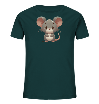 Onlineshop Shirts für Kinder - Das Bild zeigt ein dunkelblaugrünes T-Shirt für Kinder. Auf der Vorderseite des Shirts befindet sich eine niedliche, cartoonartige Illustration einer grauen Maus. Die Maus steht aufrecht mit großen Ohren, kleinen Pfoten und einem freundlichen Gesichtsausdruck. Dieses schlichte, aber ansprechende Design ist gut sichtbar auf dem dunklen Stoff platziert.
