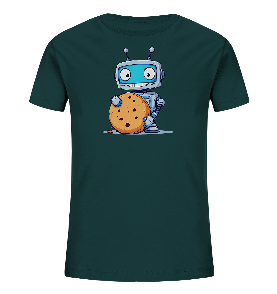 Onlineshop Shirts für Kinder - Das Bild zeigt ein Kinder-T-Shirt in einem dunklen Grün- oder Petrolton. Auf der Vorderseite des Shirts ist eine bunte Grafik eines freundlichen Roboters abgebildet. Der Roboter, hauptsächlich in Blau- und Grautönen gehalten, hält mit beiden Händen einen großen, runden Keks mit Schokoladenstückchen. Sein Kopf ist ein Bildschirm, der ein breites Lächeln zeigt. Diese Darstellung verleiht dem Shirt einen verspielten und fröhlichen Ausdruck.