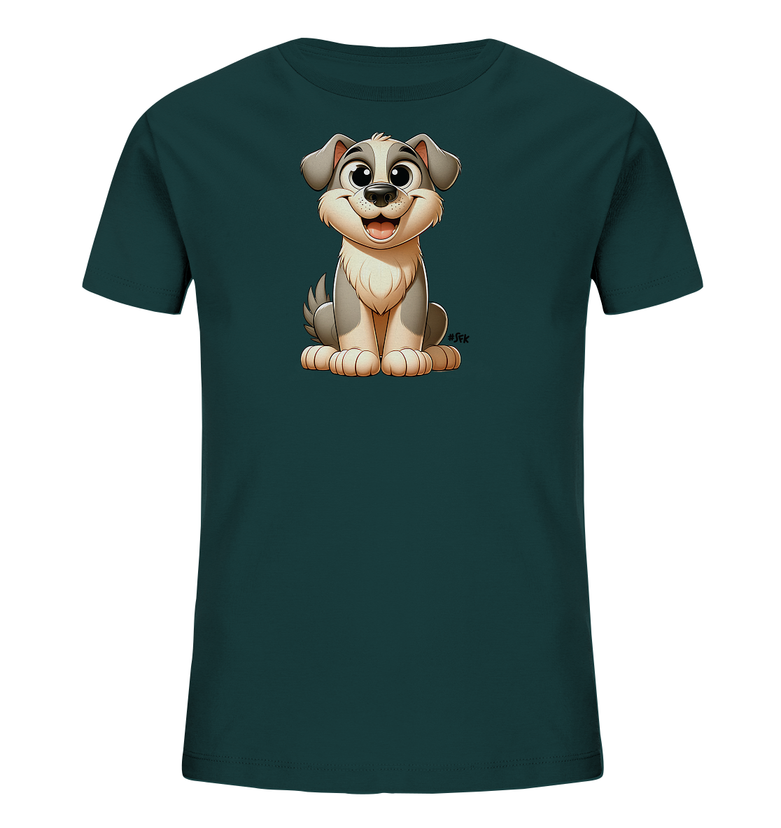 Onlineshop Shirts fuer Kinder - Das Bild zeigt ein dunkelgruenes T-Shirt fuer Kinder. Auf der Vorderseite ist eine niedliche Cartoon-Illustration eines sitzenden Hundes abgebildet. Der Hund hat graues und weisses Fell, grosse Augen und laechelt freundlich. Das Design ist einfach und kindgerecht gestaltet.