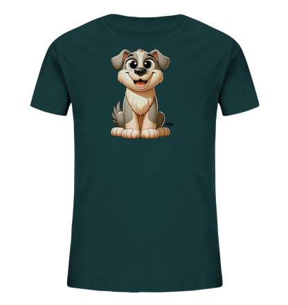 Onlineshop Shirts fuer Kinder - Das Bild zeigt ein dunkelgruenes T-Shirt fuer Kinder. Auf der Vorderseite ist eine niedliche Cartoon-Illustration eines sitzenden Hundes abgebildet. Der Hund hat graues und weisses Fell, grosse Augen und laechelt freundlich. Das Design ist einfach und kindgerecht gestaltet.
