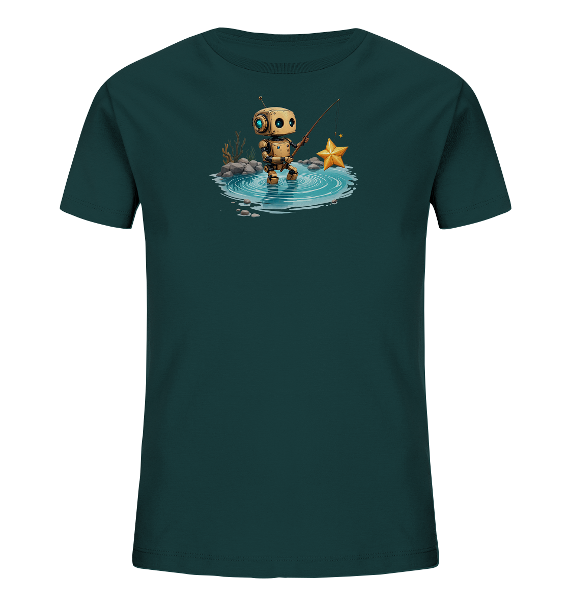 Onlineshop Shirts für Kinder - Das Bild zeigt ein dunkelgrünes T-Shirt für Kinder mit einer Illustration eines kleinen, freundlichen Roboters. Der Roboter steht in einer flachen Wasserpfütze, die von Steinen und Pflanzen umgeben ist, und angelt mit einer Angelrute nach einem goldenen Stern. Die Szene wirkt verspielt und fantasievoll, mit kleinen Wellen im Wasser und einem hellen Stern als Blickfang. Das Design ist zentral auf der Vorderseite des Shirts platziert und hat eine künstlerische Ästhetik.