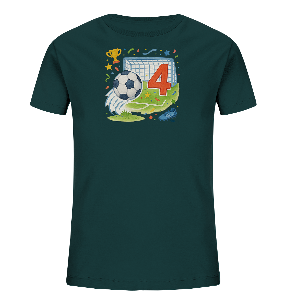 Onlineshop Shirts fuer Kinder - Das dunkelgruene T-Shirt fuer Kinder praesentiert eine farbenfrohe Fussballgrafik. Das Motiv zeigt ein Fussballtor mit der grossen roten Zahl '4' darin und einen Fussball in Aktion. Ein goldener Pokal, ein Fussballschuh und festliche Elemente wie Konfetti und Sterne ergaenzen das Design. Die Illustration wirkt dynamisch und detailreich.