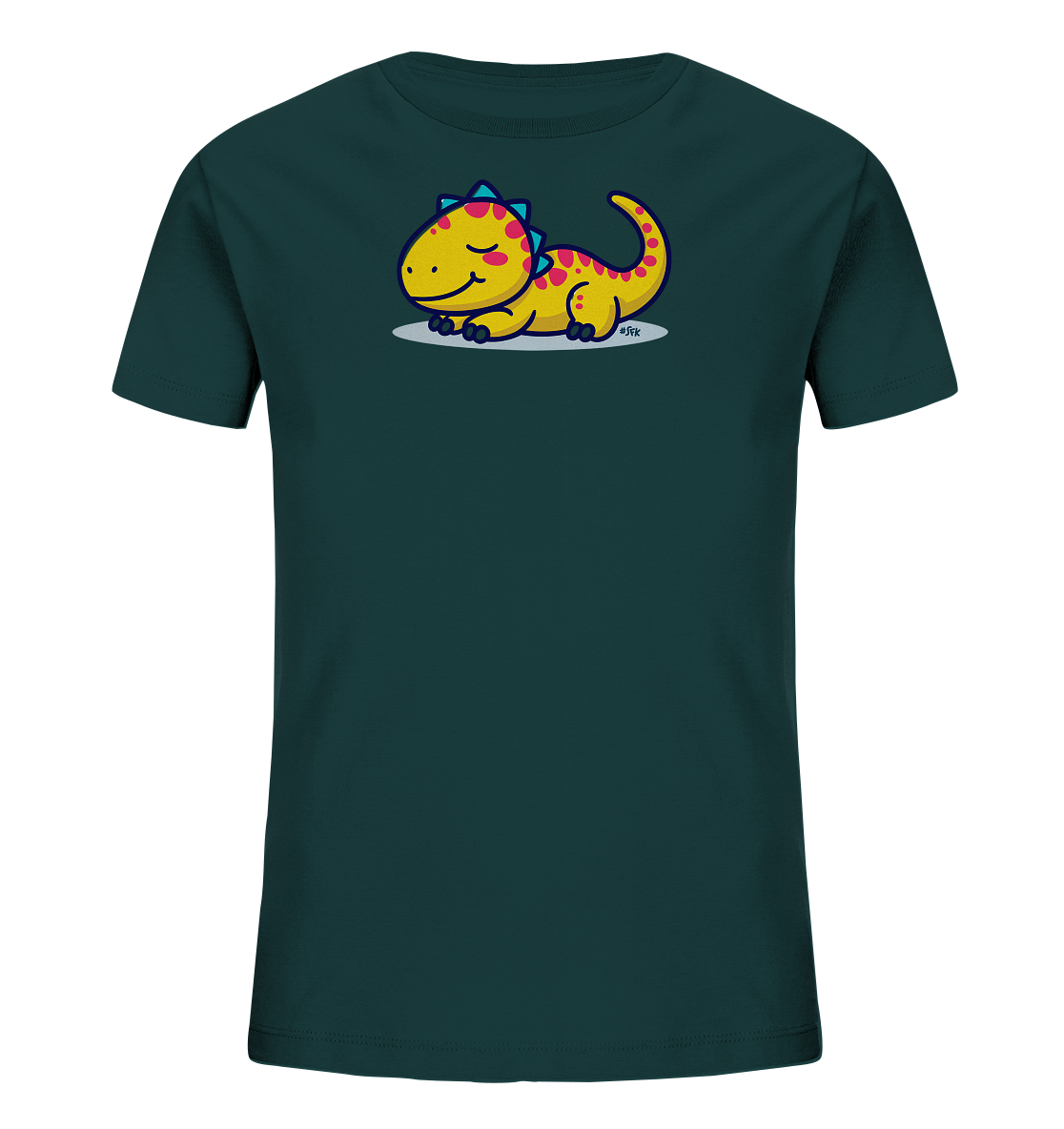 Onlineshop Shirts fuer Kinder - Das Bild zeigt ein dunkelblaugruenes Kinder-T-Shirt mit einem niedlichen gelben Dinosaurier-Motiv auf der Vorderseite. Der Cartoon-Dino liegt entspannt da, hat geschlossene Augen und laechelt. Er ist mit rosa Punkten und blau-rosa Stacheln verziert und ruht auf einer hellgrauen Flaeche. Das Design wirkt verspielt und freundlich, passend fuer Kinder.