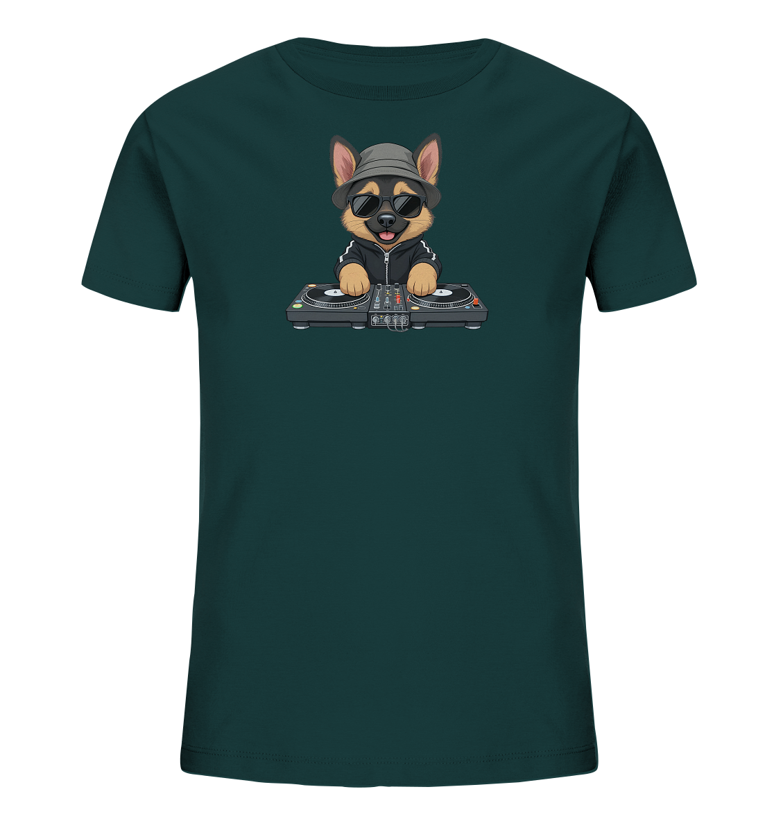 Onlineshop Shirts fuer Kinder - Das Bild zeigt ein dunkelgruenes Kinder-T-Shirt mit einer detailreichen Grafik eines Hundes als DJ. Der Hund, bekleidet mit Hut und Sonnenbrille, steht hinter einem DJ-Mischpult mit zwei Plattenspielern. Das Design ist humorvoll und ansprechend gestaltet.