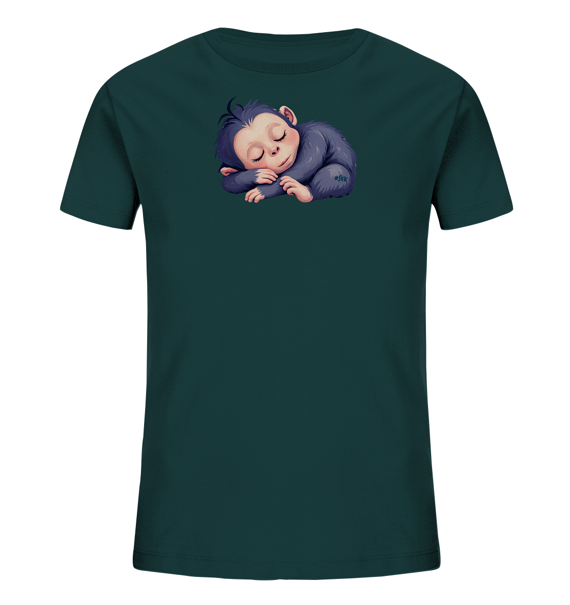 Onlineshop Shirts fuer Kinder - Das Bild zeigt ein dunkelgruenes Kinder-T-Shirt mit einem niedlichen Aufdruck eines schlafenden Äffchens auf der Vorderseite. Das Äffchen ist friedlich eingerollt dargestellt, die Augen geschlossen. Das Motiv ist in einem freundlichen und leicht cartoonhaften Stil gehalten. Das Design wirkt sanft und ansprechend fuer Kinder.