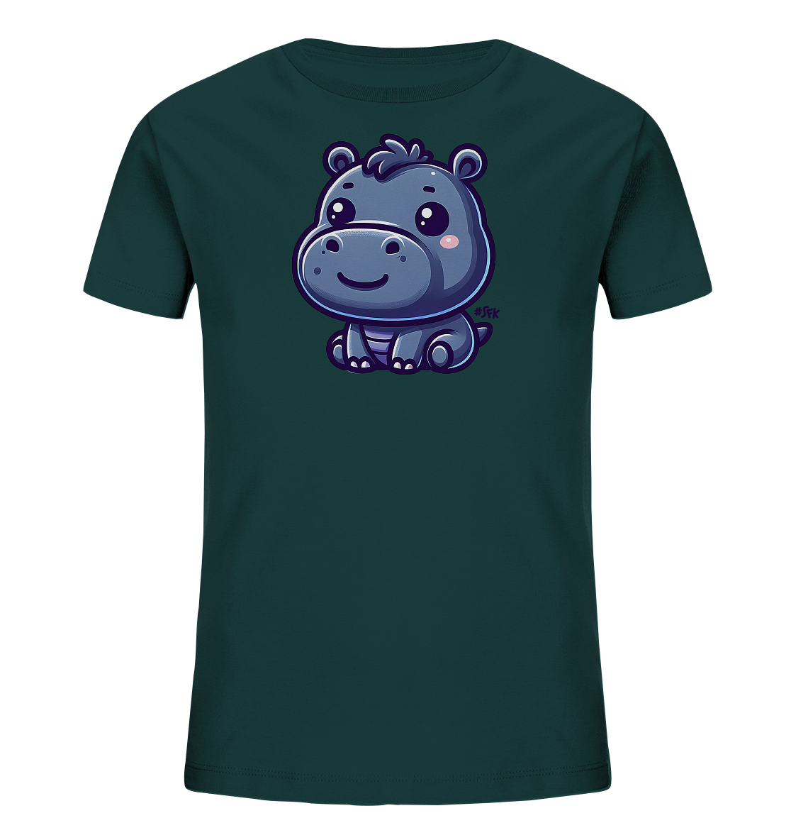 Onlineshop Shirts fuer Kinder - Das Bild zeigt ein dunkles, petrolfarbenes Kinder-T-Shirt mit einem grossen Aufdruck auf der Vorderseite. Der Aufdruck ist eine niedliche Cartoon-Darstellung eines sitzenden Nilpferds in Blautoenen. Das Nilpferd hat grosse Augen, rosa Wangen und ein freundliches Laecheln. Dieses froehliche Design macht das Shirt zu einem Blickfang fuer Kinder.