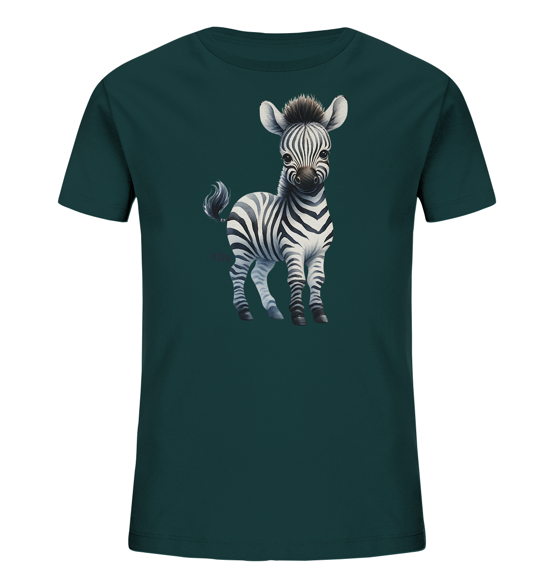 Onlineshop Shirts fuer Kinder - Dunkelgruenes T-Shirt mit detaillierter Illustration eines niedlichen Baby-Zebras. Das Zebra mit Streifen steht mittig auf dem Shirt. Das Design wirkt charmant.