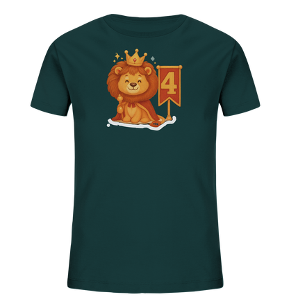 Kinder T-Shirt mit Löwenkönig, Krone, rotem Umhang und Zahl 4
