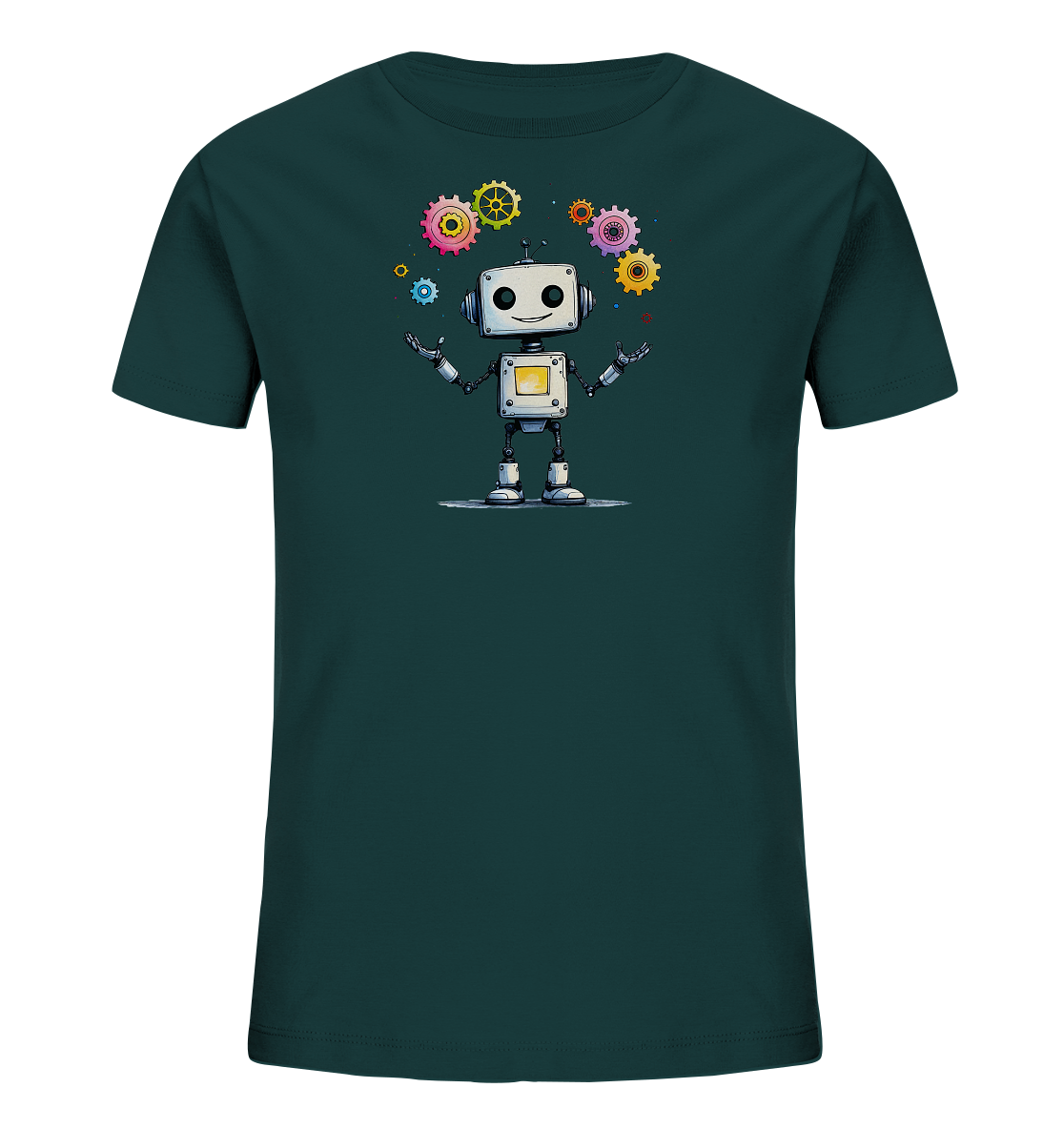 Onlineshop Shirts für Kinder - Dieses Bild zeigt ein Kinder T-Shirt in einem dunklen Petrol- oder Türkiston. Auf der Vorderseite ist eine Illustration eines freundlich lächelnden Roboters zu sehen, der bunte Zahnräder jongliert. Die Zahnräder haben verschiedene Größen und sind in lebendigen Farben wie Rosa, Gelb, Blau und Orange dargestellt. Der Roboter hat ein weißes Gehäuse, schwarze Gelenke und ein gelbes Display auf der Brust, was dem Motiv einen verspielten und technischen Charakter verleiht.