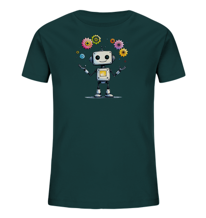 Onlineshop Shirts für Kinder - Dieses Bild zeigt ein Kinder T-Shirt in einem dunklen Petrol- oder Türkiston. Auf der Vorderseite ist eine Illustration eines freundlich lächelnden Roboters zu sehen, der bunte Zahnräder jongliert. Die Zahnräder haben verschiedene Größen und sind in lebendigen Farben wie Rosa, Gelb, Blau und Orange dargestellt. Der Roboter hat ein weißes Gehäuse, schwarze Gelenke und ein gelbes Display auf der Brust, was dem Motiv einen verspielten und technischen Charakter verleiht.
