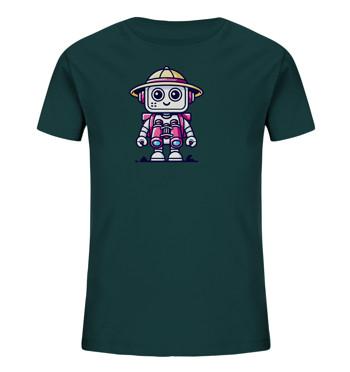 Onlineshop Shirts für Kinder - Das Bild zeigt ein dunkelgrünes oder petrolfarbenes Kinder-T-Shirt, das flach auf einem dunklen Hintergrund liegt. Auf der Vorderseite des Shirts ist eine Illustration eines niedlichen, cartoonhaften Roboters zu sehen. Der Roboter trägt einen beige-gelben Safari-Hut mit rotem Band und hat rosa Riemen über der Brust, an denen ein Paar rote Ferngläser hängen. Dieses verspielte Motiv verleiht dem schlichten T-Shirt einen abenteuerlichen Charakter.