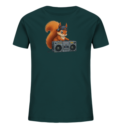 Kinder T-Shirt mit Eichhörnchen-DJ, Kopfhörern, Kappe und Boombox