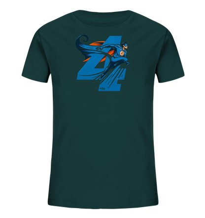 Onlineshop Shirts fuer Kinder - Das Bild zeigt ein dunkel petrolfarbenes T-Shirt fuer Kinder. Auf der Vorderseite ist eine grosse, blaue Ziffer '4' abgebildet, vor der ein dynamischer Superheld in blauem Anzug mit orangefarbenem Umhang fliegt. Der Held traegt eine Maske und hat auf der Brust ein Emblem mit der Zahl '4'. Dieses Design ist ideal fuer kleine Superhelden-Fans.