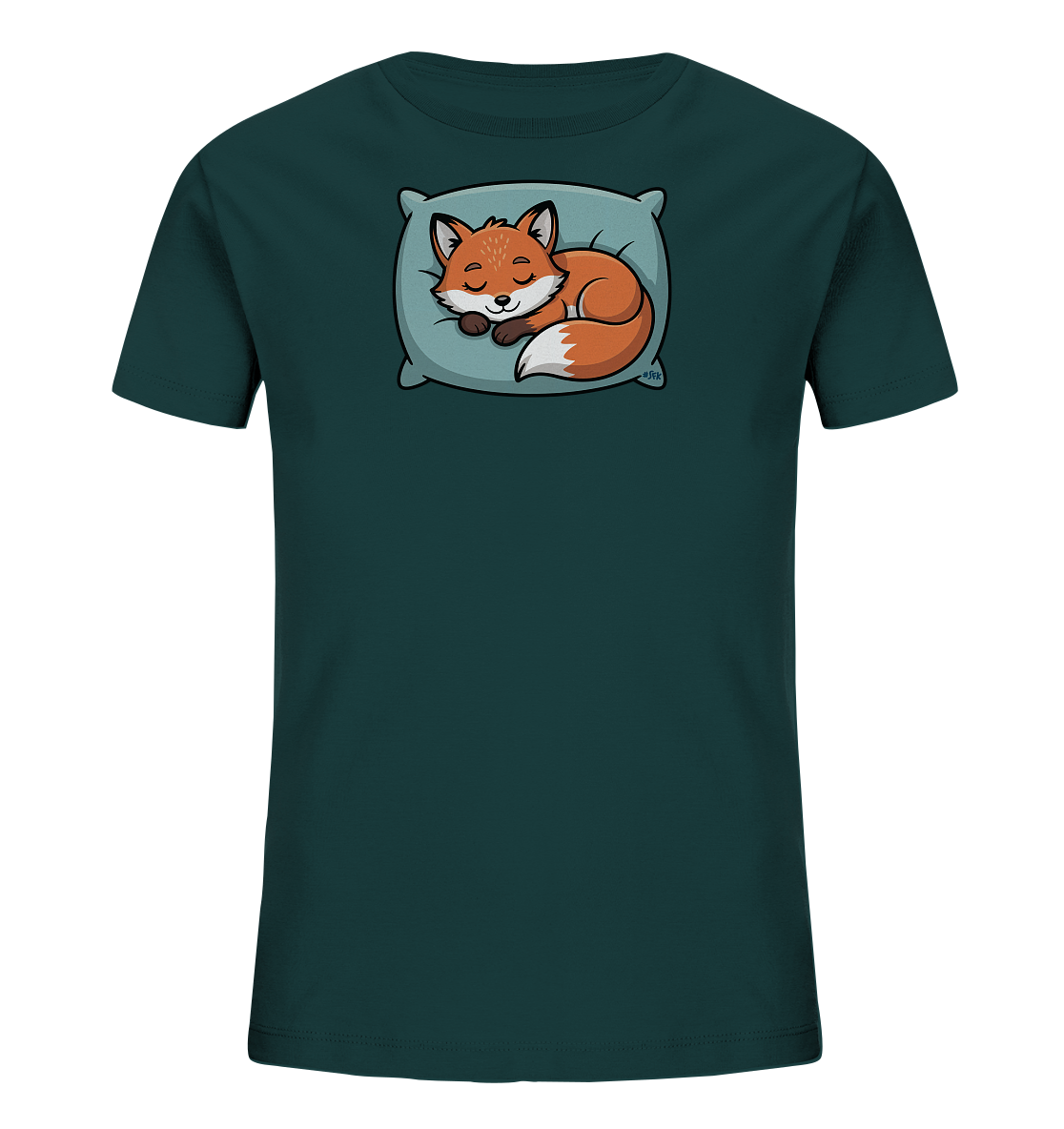Onlineshop Shirts fuer Kinder - Das Bild zeigt ein dunkelpetrolfarbenes Kinder-T-Shirt mit einem niedlichen Fuchs-Motiv auf der Vorderseite. Ein kleiner, orangefarbener Fuchs mit geschlossenen Augen schlaeft friedlich auf einem hellblauen Kissen. Das Design ist verspielt und vermittelt eine beruhigende Stimmung. Das T-Shirt hat kurze Ärmel und einen runden Halsausschnitt.
