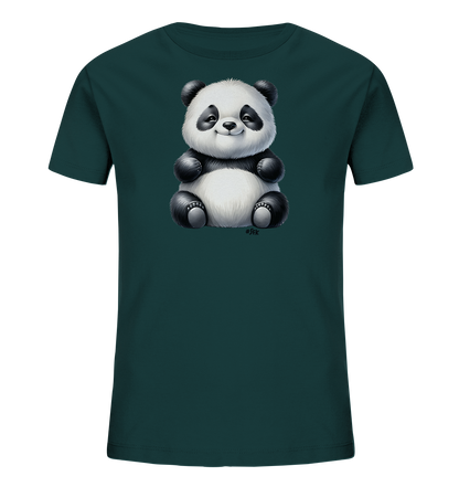 Kinder T-Shirt mit ein sitzender Panda mit schwarz-weißem Fell und freundlichem Lächeln