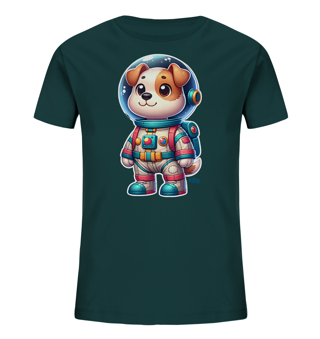 Onlineshop Shirts fuer Kinder - Dieses dunkelgruene T-Shirt fuer Kinder zeigt eine niedliche Cartoon-Illustration eines Hundes im Astronautenanzug. Der Hund traegt einen weissen Raumanzug mit roten und tuerkisfarbenen Akzenten sowie einen Helm. Das Motiv ist detailliert und farbenfroh gestaltet. Dieses Design ist ein Blickfang und weckt die Vorstellungskraft.