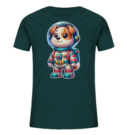 Onlineshop Shirts fuer Kinder - Dieses dunkelgruene T-Shirt fuer Kinder zeigt eine niedliche Cartoon-Illustration eines Hundes im Astronautenanzug. Der Hund traegt einen weissen Raumanzug mit roten und tuerkisfarbenen Akzenten sowie einen Helm. Das Motiv ist detailliert und farbenfroh gestaltet. Dieses Design ist ein Blickfang und weckt die Vorstellungskraft.