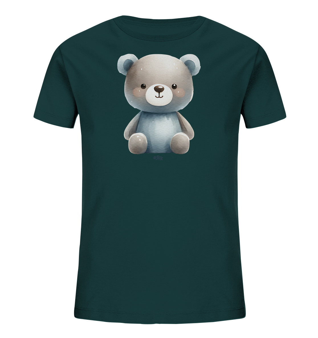 Onlineshop Shirts fuer Kinder - Das Bild zeigt ein Kinder-T-Shirt in einem dunklen Petrolton. Auf der Vorderseite ist eine niedliche Illustration eines sitzenden Baeren zu sehen. Der Baer ist in einem sanften, aquarellartigen Stil gezeichnet, mit freundlichem Gesichtsausdruck und rosa Wangen. Dieses Design verleiht dem Shirt einen liebevollen und verspielten Look.