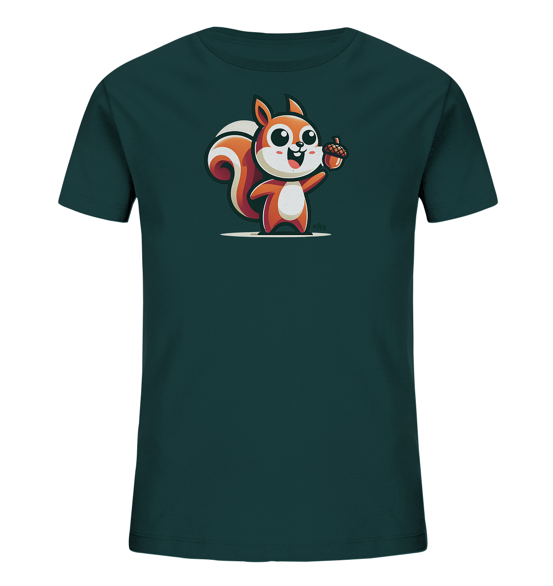 Onlineshop Shirts fuer Kinder - Das Bild zeigt ein dunkelgruenes Kinder-T-Shirt. Auf der Vorderseite befindet sich eine farbenfrohe Cartoon-Illustration eines Eichhoernchens. Das orange-weisse Eichhoernchen laechelt froehlich und haelt eine Eichel in seiner Pfote. Das Design wirkt insgesamt sehr freundlich und verspielt.