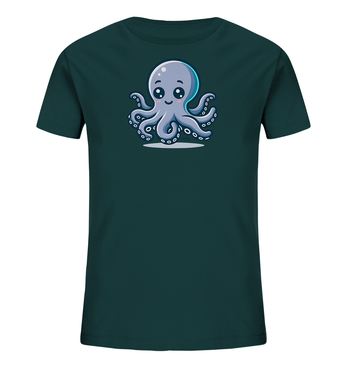 Onlineshop Shirts fuer Kinder - Das Bild zeigt ein dunkelgruenes T-Shirt fuer Kinder mit einem suessen, cartoonhaften Oktopus-Motiv auf der Vorderseite. Der Oktopus ist hellblau/grau dargestellt und hat grosse, runde Augen, rosa Wangen und ein Laecheln. Seine acht Tentakel sind um ihn herum angeordnet, was ihm ein froehliches Aussehen verleiht. Das Design wirkt verspielt und ansprechend fuer Kinder.