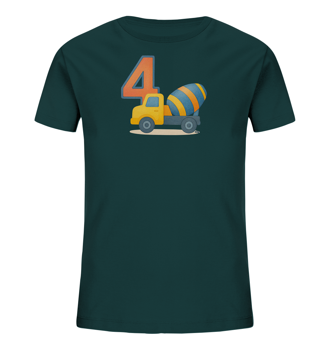 Onlineshop Shirts fuer Kinder - Das Bild zeigt ein dunkles Kinder-T-Shirt mit einem bunten Druck. Zu sehen ist die grosse Zahl '4' in Orange neben einem gelben Betonmischer mit gestreifter Trommel. Das Motiv steht auf einem hellen Untergrund. Dieses Design ist ideal fuer kleine Baufahrzeug-Fans.