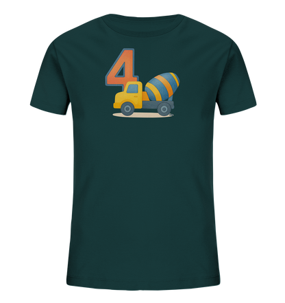 Onlineshop Shirts fuer Kinder - Das Bild zeigt ein dunkles Kinder-T-Shirt mit einem bunten Druck. Zu sehen ist die grosse Zahl '4' in Orange neben einem gelben Betonmischer mit gestreifter Trommel. Das Motiv steht auf einem hellen Untergrund. Dieses Design ist ideal fuer kleine Baufahrzeug-Fans.