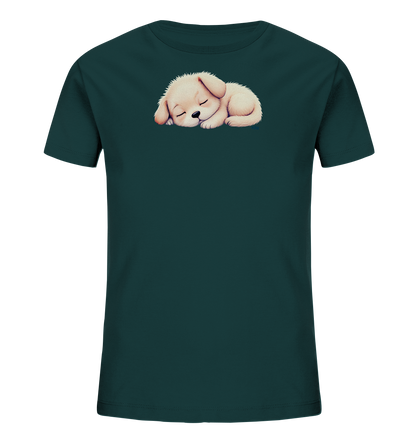 Kinder T-Shirt mit zusammengerolltem schlafendem Welpen in Cremefarben