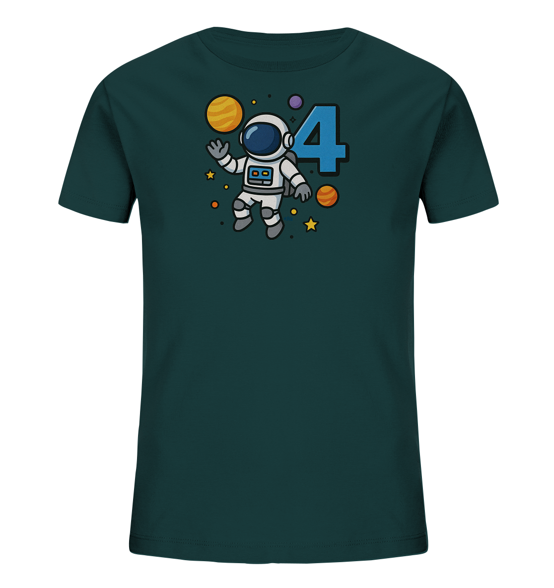 Onlineshop Shirts fuer Kinder - Das Bild zeigt ein dunkelgruenes Kinder-T-Shirt mit einem Weltraum-Motiv. Darauf ist ein Cartoon-Astronaut abgebildet, der in Begleitung von Planeten und Sternen schwebt. Neben dem Astronauten ist die grosse Zahl '4' zu sehen. Das Design wirkt verspielt und thematisch passend fuer kleine Raumfahrer.