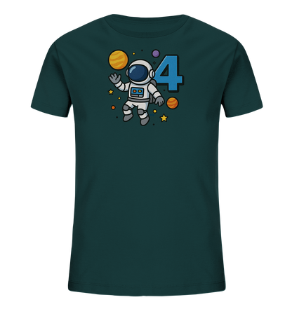 Onlineshop Shirts fuer Kinder - Das Bild zeigt ein dunkelgruenes Kinder-T-Shirt mit einem Weltraum-Motiv. Darauf ist ein Cartoon-Astronaut abgebildet, der in Begleitung von Planeten und Sternen schwebt. Neben dem Astronauten ist die grosse Zahl '4' zu sehen. Das Design wirkt verspielt und thematisch passend fuer kleine Raumfahrer.