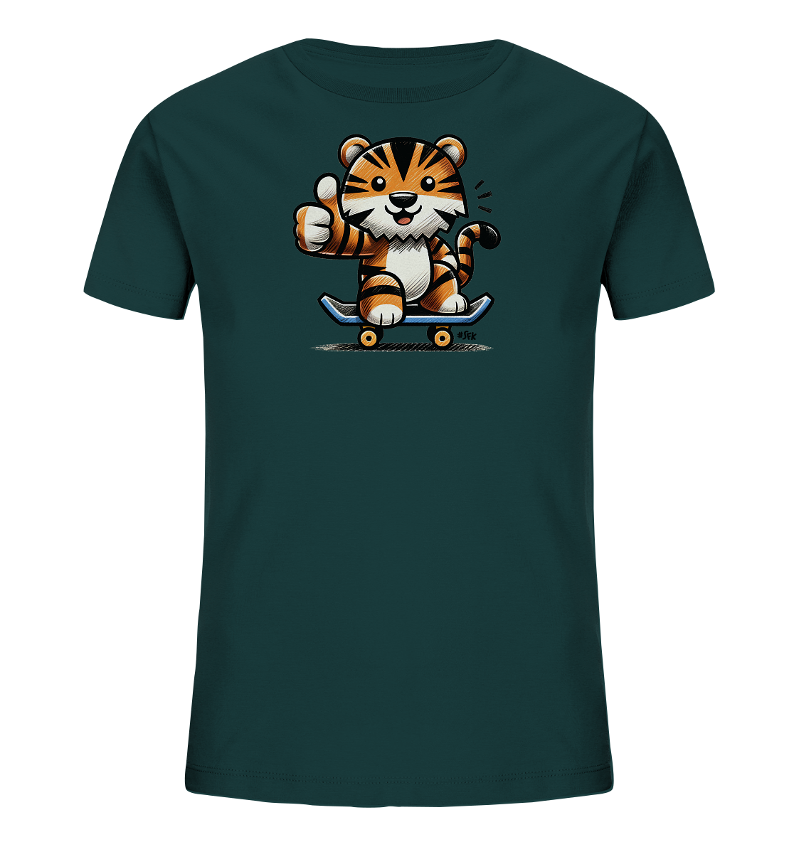 Onlineshop Shirts fuer Kinder - Das Bild zeigt ein dunkelgruenes Kinder-T-Shirt mit einer lustigen Illustration. Ein Cartoon-Tiger sitzt auf einem blauen Skateboard und gibt einen Daumen hoch. Der Tiger sieht froehlich aus und hat grosse Augen sowie auffaellige Streifen. Das Design vermittelt eine dynamische und positive Ausstrahlung, perfekt fuer aktive Kinder.