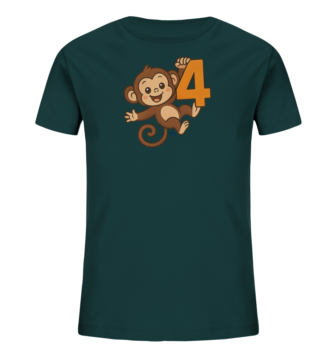 Onlineshop Shirts fuer Kinder - Das Bild zeigt ein Kinder-T-Shirt in dunklem Petrol. Auf der Vorderseite ist eine Comic-Darstellung eines braunen Affen zu sehen. Der froehlich laechelnde Affe haelt eine grosse, orangefarbene "4". Das Design wirkt verspielt und kindgerecht.