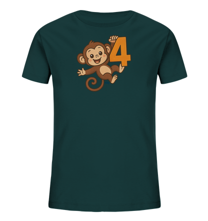 Onlineshop Shirts fuer Kinder - Das Bild zeigt ein Kinder-T-Shirt in dunklem Petrol. Auf der Vorderseite ist eine Comic-Darstellung eines braunen Affen zu sehen. Der froehlich laechelnde Affe haelt eine grosse, orangefarbene "4". Das Design wirkt verspielt und kindgerecht.