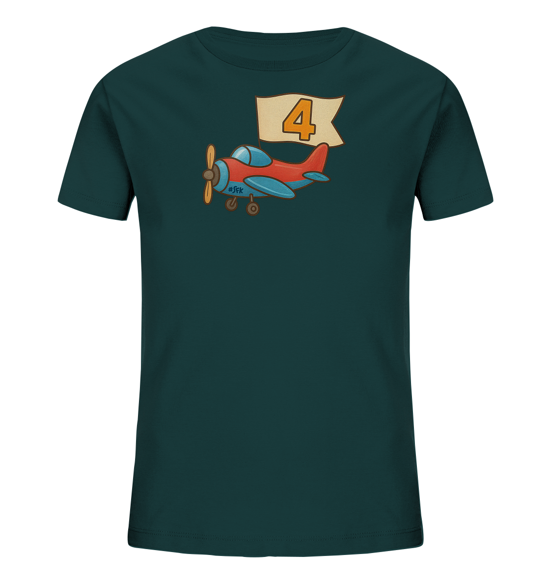 Onlineshop Shirts fuer Kinder - Das Bild zeigt ein dunkelgruenes Kinder-T-Shirt mit einem bunten Aufdruck auf der Vorderseite. Der Aufdruck stellt ein kleines, rotes Flugzeug mit blauen Fluegeln dar, das einen beigefarbenen Banner zieht. Auf dem Banner ist deutlich die Zahl '4' in Orange zu sehen. Das Design wirkt verspielt und thematisch passend fuer Kinder, die Flugzeuge moegen oder ihren vierten Geburtstag feiern.