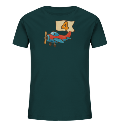 Kinder T-Shirt mit rotem und blauem Flugzeug, Banner und Zahl 4