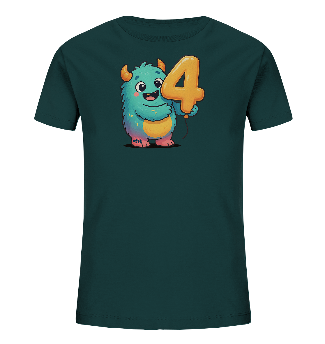 Onlineshop Shirts fuer Kinder - Dieses dunkelgruen-blaue Kinder-T-Shirt ist mit einer froehlichen Illustration verziert. Sie zeigt ein niedliches, blau-gruenes Monster mit orangefarbenen Hoernern, das einen grossen, goldenen Ballon in Form der Zahl Vier haelt. Das freundlich laechelnde Monster mit seinem farbigen Fell verleiht dem Shirt einen verspielten Look.