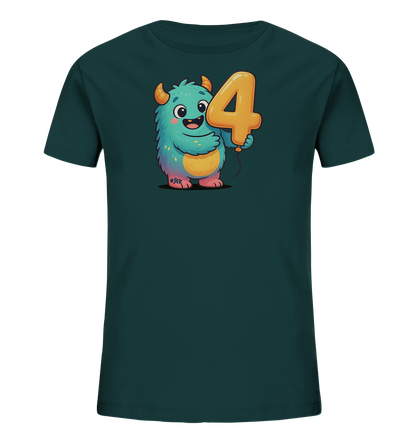 Onlineshop Shirts fuer Kinder - Dieses dunkelgruen-blaue Kinder-T-Shirt ist mit einer froehlichen Illustration verziert. Sie zeigt ein niedliches, blau-gruenes Monster mit orangefarbenen Hoernern, das einen grossen, goldenen Ballon in Form der Zahl Vier haelt. Das freundlich laechelnde Monster mit seinem farbigen Fell verleiht dem Shirt einen verspielten Look.