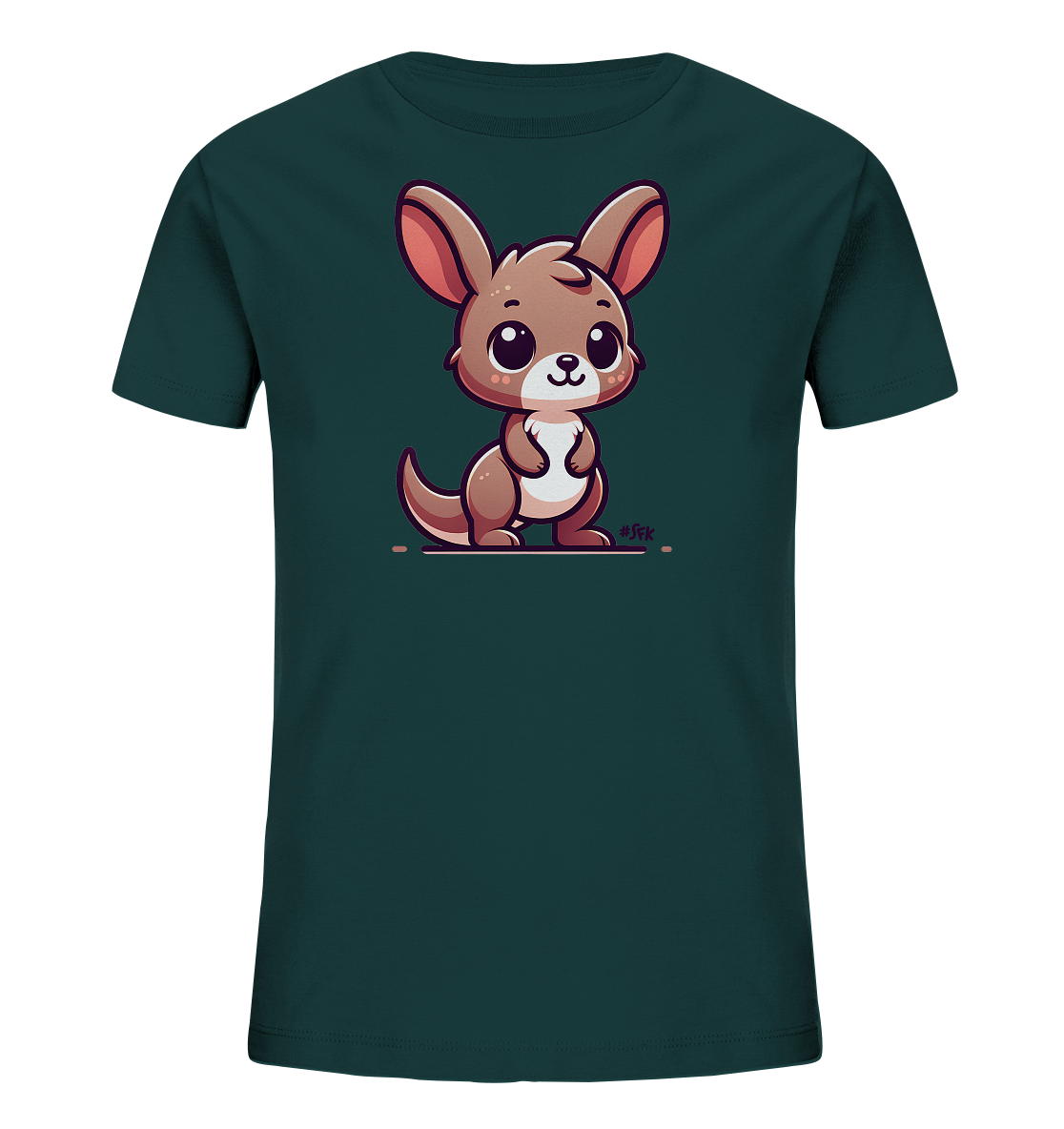 Onlineshop Shirts fuer Kinder - Das Bild zeigt ein dunkelgruenes T-Shirt fuer Kinder. Auf der Vorderseite ist eine niedliche Cartoon-Illustration eines Kaengurus zu sehen. Das braune Kaenguru hat grosse, ausdrucksstarke Augen und rosa Ohren. Das Design ist minimalistisch und freundlich gestaltet.