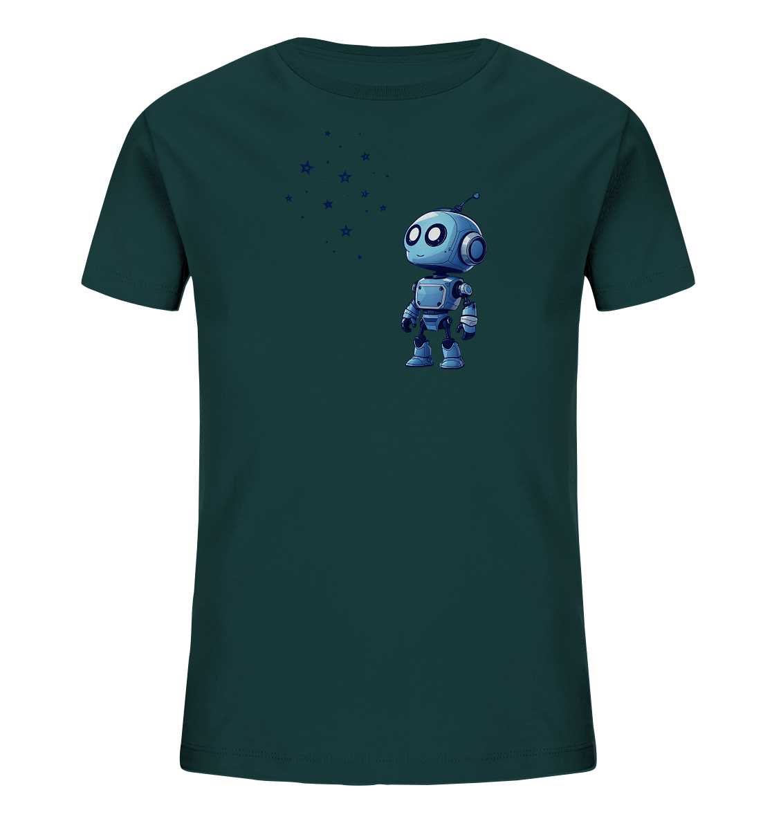 Onlineshop Shirts für Kinder - Das Bild zeigt ein dunkelgrünes T-Shirt für Kinder mit einem Motiv auf der Vorderseite. Im unteren Bereich ist ein kleiner, blauer Roboter abgebildet, der aufrecht steht und einen freundlichen Ausdruck hat. Oberhalb und leicht links vom Roboter sind mehrere kleine, dunkelblaue Sternen-Silhouetten zu sehen. Das Design wirkt verspielt und ansprechend für junge Technik- oder Weltraumfans.