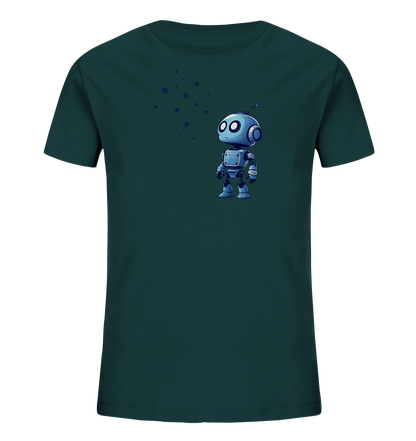Onlineshop Shirts für Kinder - Das Bild zeigt ein dunkelgrünes T-Shirt für Kinder mit einem Motiv auf der Vorderseite. Im unteren Bereich ist ein kleiner, blauer Roboter abgebildet, der aufrecht steht und einen freundlichen Ausdruck hat. Oberhalb und leicht links vom Roboter sind mehrere kleine, dunkelblaue Sternen-Silhouetten zu sehen. Das Design wirkt verspielt und ansprechend für junge Technik- oder Weltraumfans.