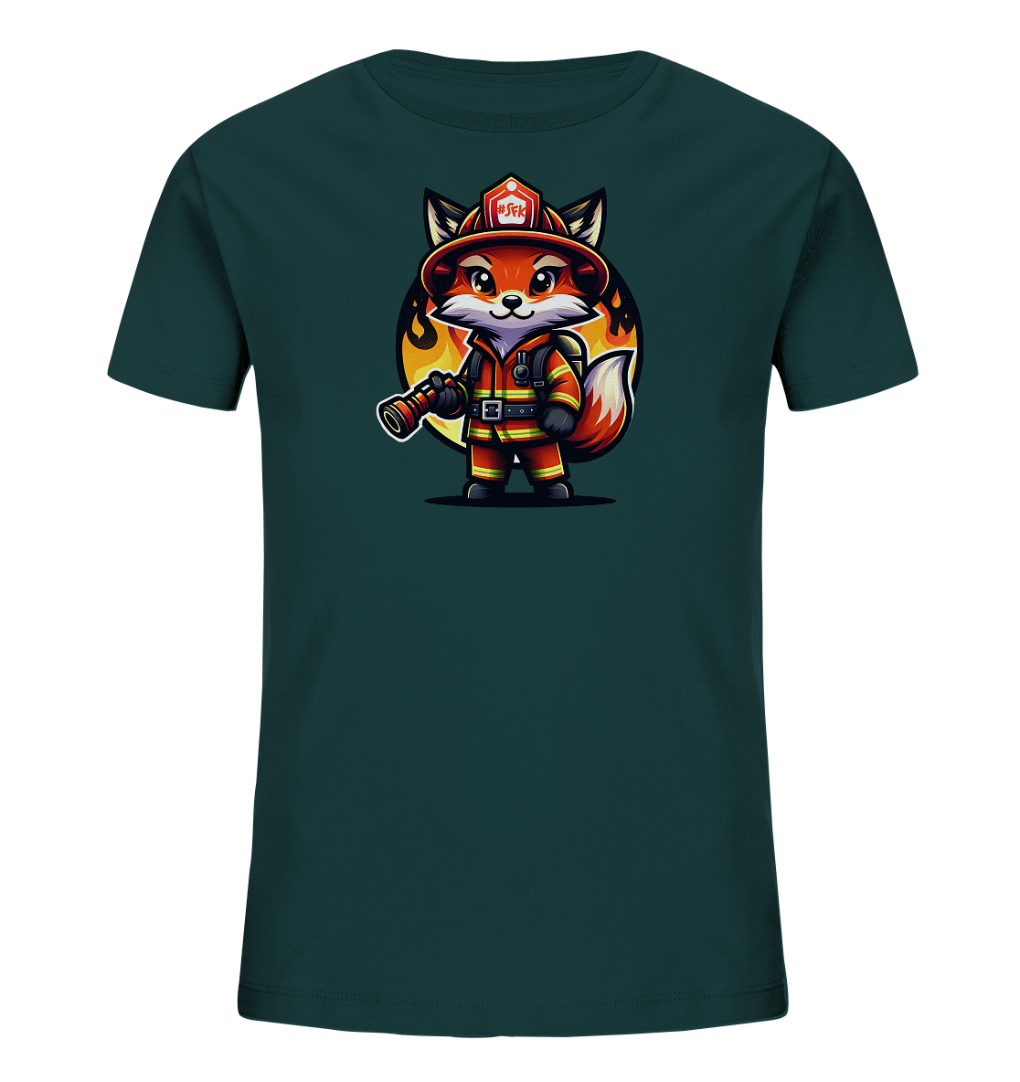 Onlineshop Shirts fuer Kinder - Das Bild zeigt ein dunkelgruenes Kinder-T-Shirt mit einer Grafik eines Comic-Fuchses. Der Fuchs ist als Feuerwehrmann gekleidet, traegt Helm, Uniform und haelt eine Schlauchduese. Hinter dem Fuchs ist ein ovaler Hintergrund mit Flammen zu sehen. Das Design ist farbenfroh und ansprechend.